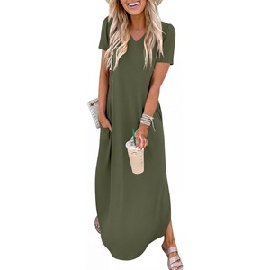 image:imageANRABESS Womens Summer Maxi Dress V Neck Short Sleeve Slit Side Shirt Dress Loose Fit Travel Beach Dress with PocketsOlive