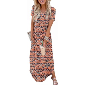 image:imageANRABESS Womens Summer Maxi Dress V Neck Short Sleeve Slit Side Shirt Dress Loose Fit Travel Beach Dress with PocketsOrange Blue Diamonds