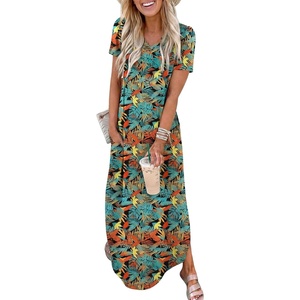 image:imageANRABESS Womens Summer Maxi Dress V Neck Short Sleeve Slit Side Shirt Dress Loose Fit Travel Beach Dress with PocketsOrange Blue Floral