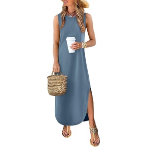 image:imageANRABESS Womens Summer Maxi Dress with Pockets  Soft Thick Smooth FabricCrew Neck Loose Fit SundressSpring Summer FallBeach Travel VacationWorkCasual AllDay WearGrey Blue