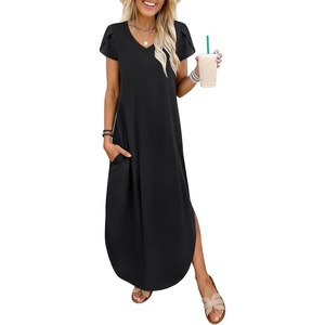 image:imageANRABESS Womens Summer Maxi Dresses 2026 Casual Short Sleeve V Neck Loose Split Long Beach Sundress Travel Vacation ClothesBlack