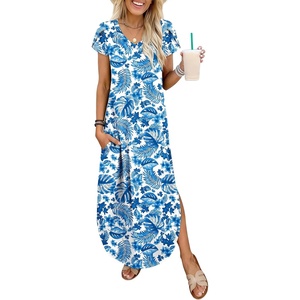 image:imageANRABESS Womens Summer Maxi Dresses 2026 Casual Short Sleeve V Neck Loose Split Long Beach Sundress Travel Vacation ClothesBlue Leaf Printed