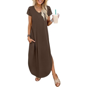 image:imageANRABESS Womens Summer Maxi Dresses 2026 Casual Short Sleeve V Neck Loose Split Long Beach Sundress Travel Vacation ClothesBrown