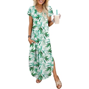 image:imageANRABESS Womens Summer Maxi Dresses 2026 Casual Short Sleeve V Neck Loose Split Long Beach Sundress Travel Vacation ClothesGreen White Floral