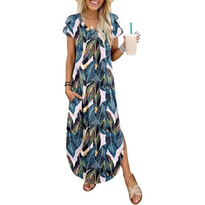 image:imageANRABESS Womens Summer Maxi Dresses 2026 Casual Short Sleeve V Neck Loose Split Long Beach Sundress Travel Vacation ClothesLeaf Printed