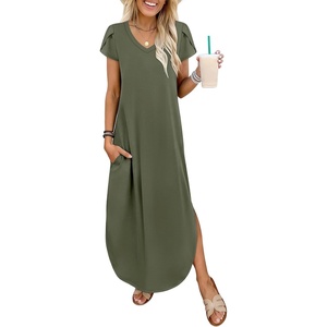 image:imageANRABESS Womens Summer Maxi Dresses 2026 Casual Short Sleeve V Neck Loose Split Long Beach Sundress Travel Vacation ClothesOlive