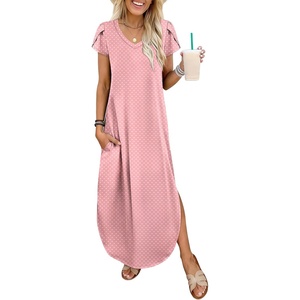 image:imageANRABESS Womens Summer Maxi Dresses 2026 Casual Short Sleeve V Neck Loose Split Long Beach Sundress Travel Vacation ClothesPink Round Dot