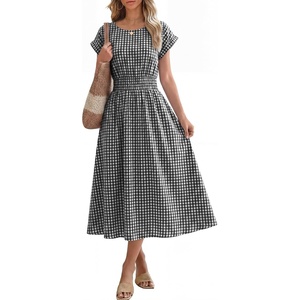 image:imageANRABESS Womens Summer Midi Dress Striped Casual Short Sleeve Crewneck Empire Waist 2026 Flowy Long Beach Dress with PocketsBlack Gingham