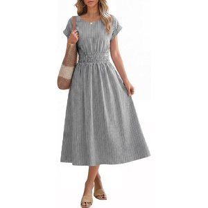 image:imageANRABESS Womens Summer Midi Dress Striped Casual Short Sleeve Crewneck Empire Waist 2026 Flowy Long Beach Dress with PocketsBlack White Stripe