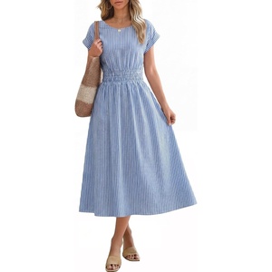 image:imageANRABESS Womens Summer Midi Dress Striped Casual Short Sleeve Crewneck Empire Waist 2026 Flowy Long Beach Dress with PocketsBlue White Stripe