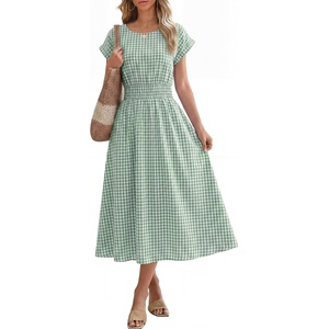 image:imageANRABESS Womens Summer Midi Dress Striped Casual Short Sleeve Crewneck Empire Waist 2026 Flowy Long Beach Dress with PocketsGreen Gingham
