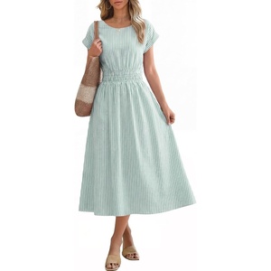 image:imageANRABESS Womens Summer Midi Dress Striped Casual Short Sleeve Crewneck Empire Waist 2026 Flowy Long Beach Dress with PocketsGreen White Stripe