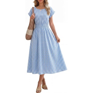 image:imageANRABESS Womens Summer Midi Dress Striped Casual Short Sleeve Crewneck Empire Waist 2026 Flowy Long Beach Dress with PocketsLight Blue Gingham