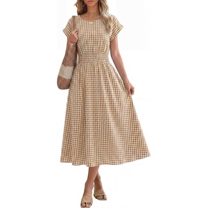 image:imageANRABESS Womens Summer Midi Dress Striped Casual Short Sleeve Crewneck Empire Waist 2026 Flowy Long Beach Dress with PocketsLight Brown Gingham