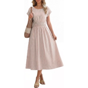 image:imageANRABESS Womens Summer Midi Dress Striped Casual Short Sleeve Crewneck Empire Waist 2026 Flowy Long Beach Dress with PocketsLight Brown White Stripe