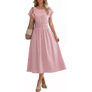 image:imageANRABESS Womens Summer Midi Dress Striped Casual Short Sleeve Crewneck Empire Waist 2026 Flowy Long Beach Dress with PocketsLightcoral White Stripe