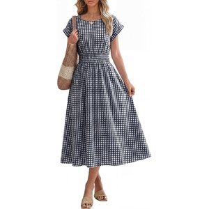 image:imageANRABESS Womens Summer Midi Dress Striped Casual Short Sleeve Crewneck Empire Waist 2026 Flowy Long Beach Dress with PocketsNavy Gingham