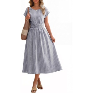 image:imageANRABESS Womens Summer Midi Dress Striped Casual Short Sleeve Crewneck Empire Waist 2026 Flowy Long Beach Dress with PocketsNavy White Stripe