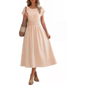 image:imageANRABESS Womens Summer Midi Dress Striped Casual Short Sleeve Crewneck Empire Waist 2026 Flowy Long Beach Dress with PocketsOrange White Stripe
