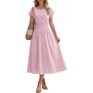 image:imageANRABESS Womens Summer Midi Dress Striped Casual Short Sleeve Crewneck Empire Waist 2026 Flowy Long Beach Dress with PocketsPink Gingham