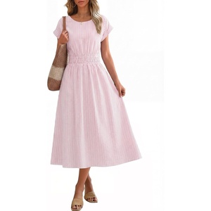 image:imageANRABESS Womens Summer Midi Dress Striped Casual Short Sleeve Crewneck Empire Waist 2026 Flowy Long Beach Dress with PocketsPink White Stripe