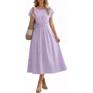 image:imageANRABESS Womens Summer Midi Dress Striped Casual Short Sleeve Crewneck Empire Waist 2026 Flowy Long Beach Dress with PocketsPurple White Stripe