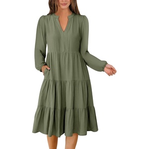 image:imageANRABESS Womens V Neck Long Sleeve Midi Dress  Swing Flowy Tiered with Pockets Soft Fabric Boho Beach Vacation Dresses Loose Fit Casual Fall Winter Transition ClothesOlive