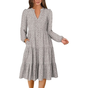 image:imageANRABESS Womens V Neck Long Sleeve Midi Dress  Swing Flowy Tiered with Pockets Soft Fabric Boho Beach Vacation Dresses Loose Fit Casual Fall Winter Transition ClothesKhaki Polka Dot