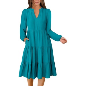 image:imageANRABESS Womens V Neck Long Sleeve Midi Dress  Swing Flowy Tiered with Pockets Soft Fabric Boho Beach Vacation Dresses Loose Fit Casual Fall Winter Transition ClothesLake Green