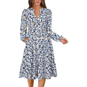 image:imageANRABESS Womens V Neck Long Sleeve Midi Dress  Swing Flowy Tiered with Pockets Soft Fabric Boho Beach Vacation Dresses Loose Fit Casual Fall Winter Transition ClothesFloral Light Blue