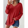 image:imageANRABESS Long Sleeve Shirts for Women Waffle Knit V Neck Loose Fit Side Slit 2026 Fall Sweater Tops for Daily Casual WearBright Red