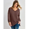 image:imageANRABESS Long Sleeve Shirts for Women Waffle Knit V Neck Loose Fit Side Slit 2026 Fall Sweater Tops for Daily Casual WearRed Brown