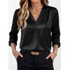 image:imageANRABESS Womens Satin V Neck Long Sleeve Blouse Shirts  Silky Soft TopPleated Ruched ShouldersBusiness Casual Work Office OutfitsDressy ElegantFall Spring Transition ClothesBlack