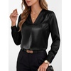 image:imageANRABESS Womens Satin V Neck Long Sleeve Blouse Shirts  Silky Soft TopPleated Ruched ShouldersBusiness Casual Work Office OutfitsDressy ElegantFall Spring Transition ClothesBlack