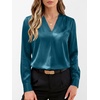 image:imageANRABESS Womens Satin V Neck Long Sleeve Blouse Shirts  Silky Soft TopPleated Ruched ShouldersBusiness Casual Work Office OutfitsDressy ElegantFall Spring Transition ClothesLake Blue