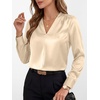 image:imageANRABESS Womens Satin V Neck Long Sleeve Blouse Shirts  Silky Soft TopPleated Ruched ShouldersBusiness Casual Work Office OutfitsDressy ElegantFall Spring Transition ClothesBeige