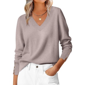 image:imageANRABESS Lightweight Sweaters for Women Long Sleeve V Neck Shirts Business Casual Work Blouses 2026 Fall Knit Pullover TopsGrey Khaki