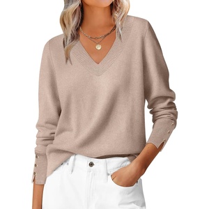 image:imageANRABESS Lightweight Sweaters for Women Long Sleeve V Neck Shirts Business Casual Work Blouses 2026 Fall Knit Pullover TopsTan