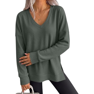 image:imageANRABESS Long Sleeve Shirts for Women Waffle Knit V Neck Loose Fit Side Slit 2026 Fall Sweater Tops for Daily Casual WearArmy Green