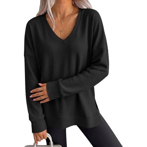 image:imageANRABESS Long Sleeve Shirts for Women Waffle Knit V Neck Loose Fit Side Slit 2026 Fall Sweater Tops for Daily Casual WearBlack