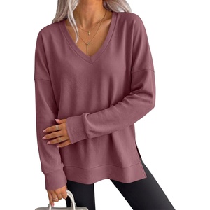image:imageANRABESS Long Sleeve Shirts for Women Waffle Knit V Neck Loose Fit Side Slit 2026 Fall Sweater Tops for Daily Casual WearMauve