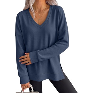 image:imageANRABESS Long Sleeve Shirts for Women Waffle Knit V Neck Loose Fit Side Slit 2026 Fall Sweater Tops for Daily Casual WearNavy Blue