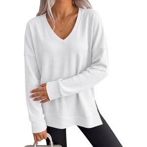 image:imageANRABESS Long Sleeve Shirts for Women Waffle Knit V Neck Loose Fit Side Slit 2026 Fall Sweater Tops for Daily Casual WearWhite