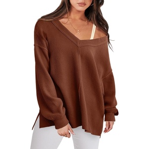 image:imageANRABESS Oversized Long Sleeve Shirts for Women Off the Shoulder Sweatshirt Loose V Neck Tunic Tops High Low Sweater 2026Caramel