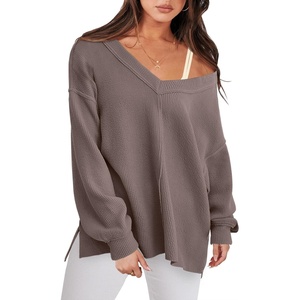image:imageANRABESS Oversized Long Sleeve Shirts for Women Off the Shoulder Sweatshirt Loose V Neck Tunic Tops High Low Sweater 2026Light Brown