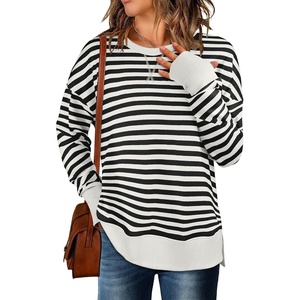 image:imageANRABESS Sweatshirts for Women 2026 Fall Long Sleeve Shirts Oversized Crewneck Lightweight Side Split Casual Pullover TopsBlack White