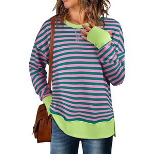 image:imageANRABESS Sweatshirts for Women 2026 Fall Long Sleeve Shirts Oversized Crewneck Lightweight Side Split Casual Pullover TopsPink Green