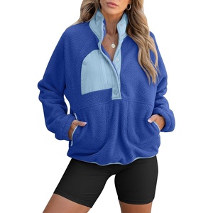 image:imageANRABESS Women Fuzzy Fleece Pullover Sherpa Sweatshirt  Long Sleeve Button Down Warm Soft Color Block Jackets with PocketsBlue Mixed