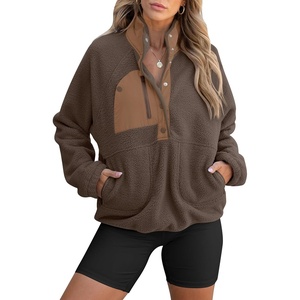 image:imageANRABESS Women Fuzzy Fleece Pullover Sherpa Sweatshirt  Long Sleeve Button Down Warm Soft Color Block Jackets with PocketsBrown