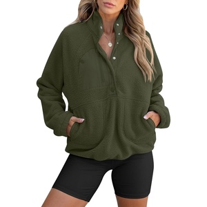 image:imageANRABESS Women Fuzzy Fleece Pullover Sherpa Sweatshirt  Long Sleeve Button Down Warm Soft Color Block Jackets with PocketsOlive